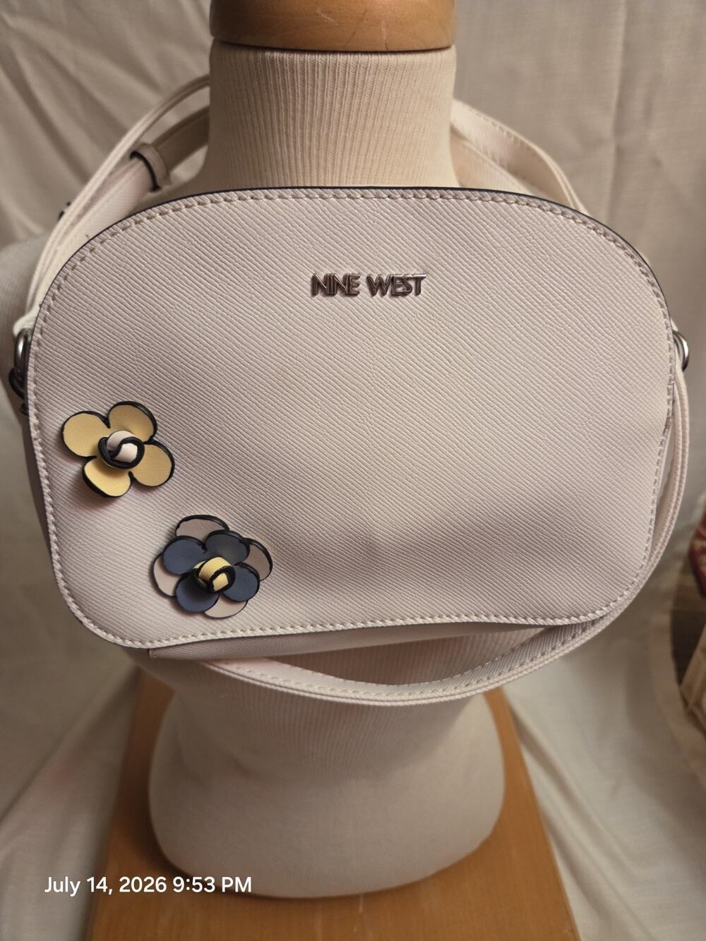 Nine West Beige Crossbody Bag Zip Closure Floral Applique Adjustable Strap